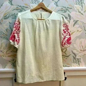 Cream Colored Blouse with Embroidered Pink Floral Design in Arms, Size XL